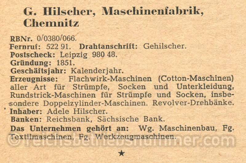 Eintrag  der Firma G. Hilscher aus Chemnitz im Handbuch der großen GmbH., KG., OHG. und Einzelfirmen, Ausgabe 1944