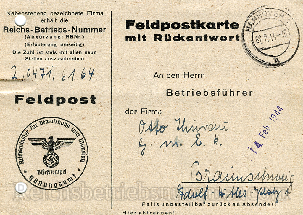 Feldpostkarte zur Zuteilung einer Reichsbetriebsnummer. Hier RBNr. 2/0471/6164, Otto Thurau G.m.b.H. Braunschweig