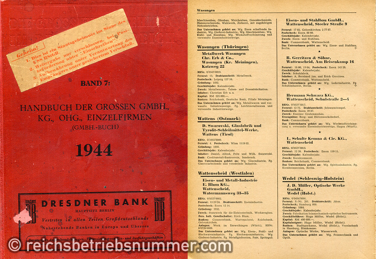 Handbuch der großen GmbH., KG., OHG., Einzelfirmen (GMBH.-BUCH). Ausgabe 1944