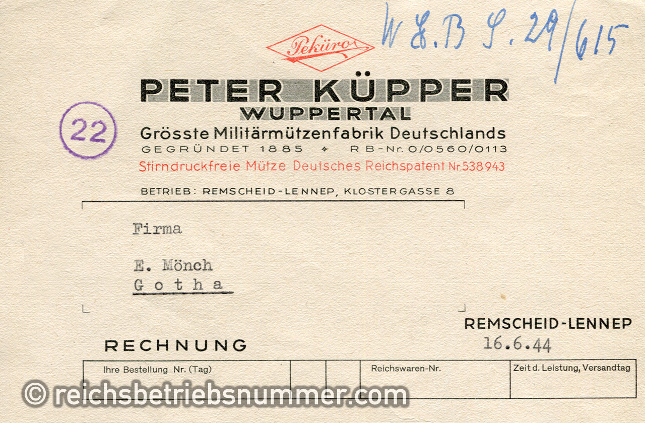 Invoice form in which the Reichsbetriebsnummer is also indicated in the invoice header.
