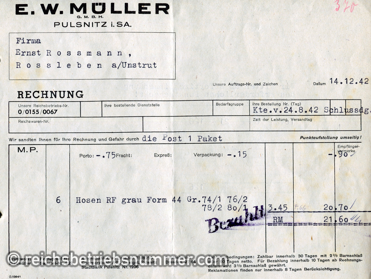 Standard invoice form with predetermined space for the Reichsbetrieb number.