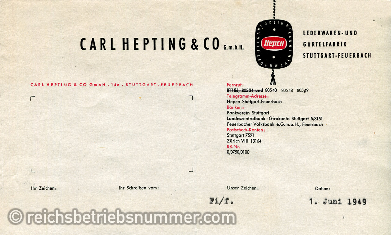 Rechnungsvordruck der Firma Carl Hepting & Co aus dem Jahr 1949 mit Reichsbetriebsnummer.